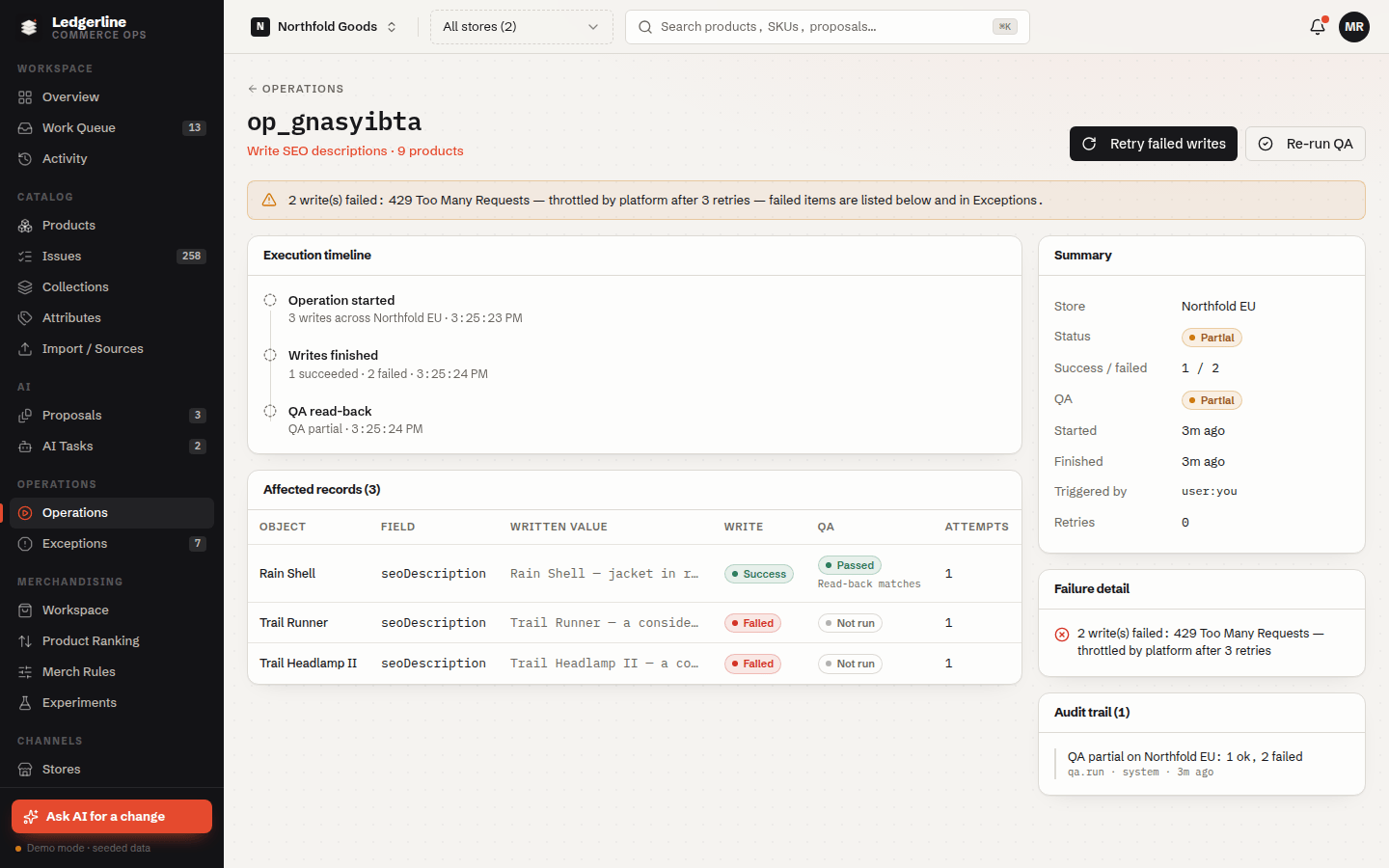 Ledgerline operation result with QA