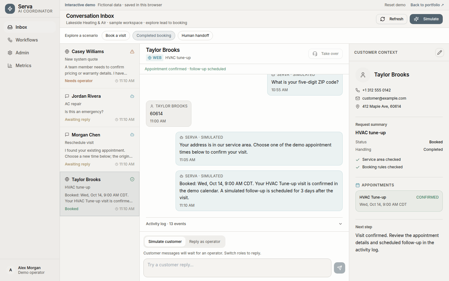 Serva inbox with a confirmed HVAC visit and customer context