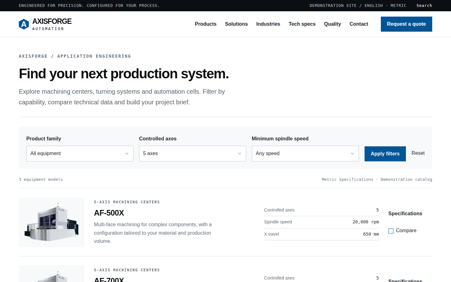 AxisForge equipment catalog with filters