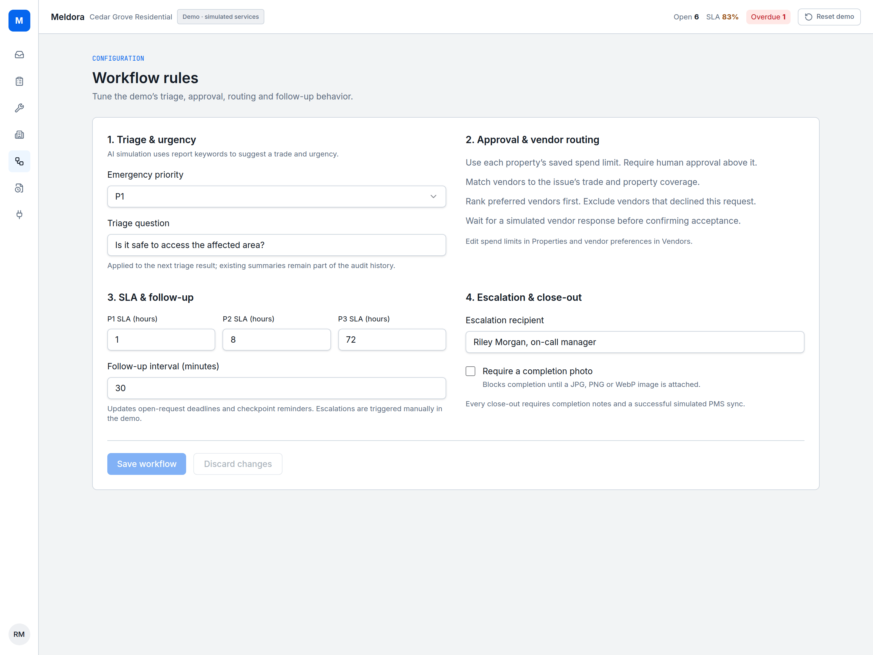 Meldora maintenance workflow settings
